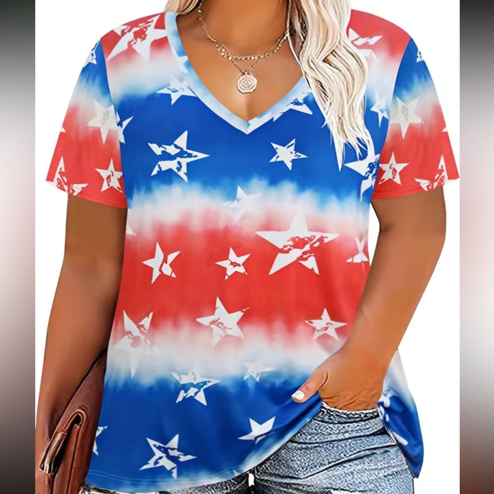 Stars & Stripes Red, White, & Blue Short Sleeve V-Neck Slight Stretch Tee 2X